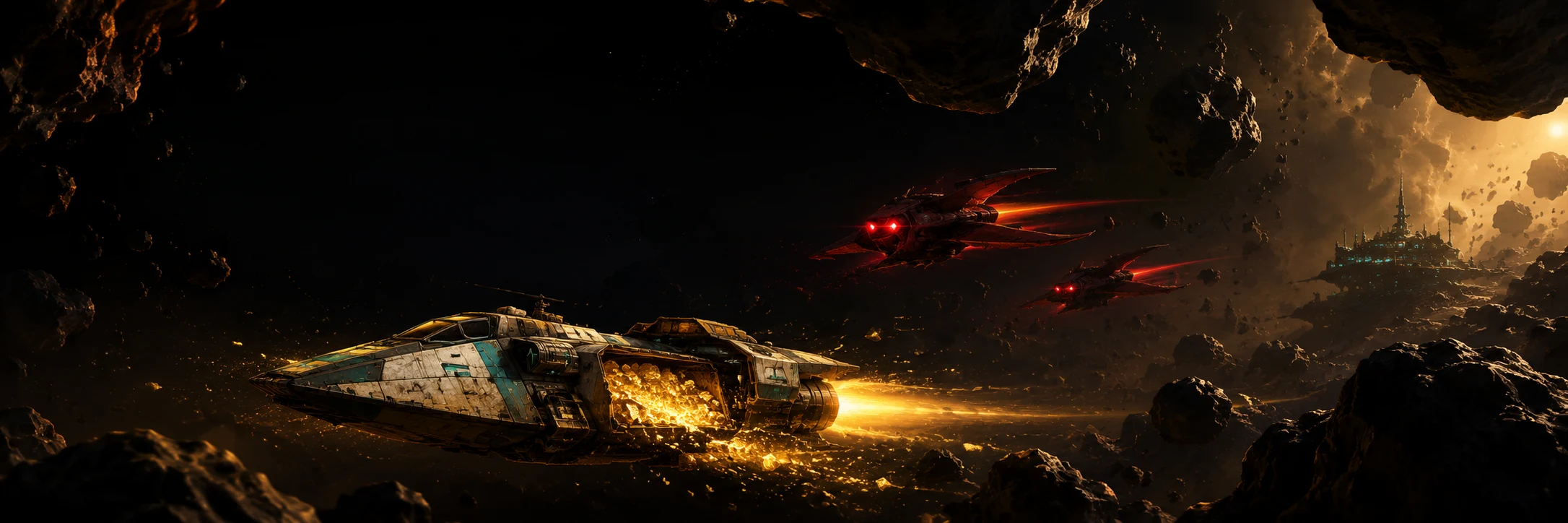 A battered ship laden with glowing ore races through an asteroid field, red-lit hunters closing in.