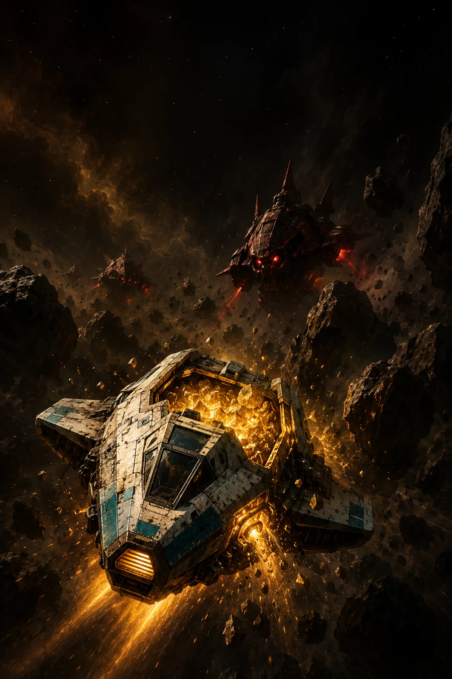 A scarred mining ship carries a fortune in glowing ore through a hostile, shattered belt.