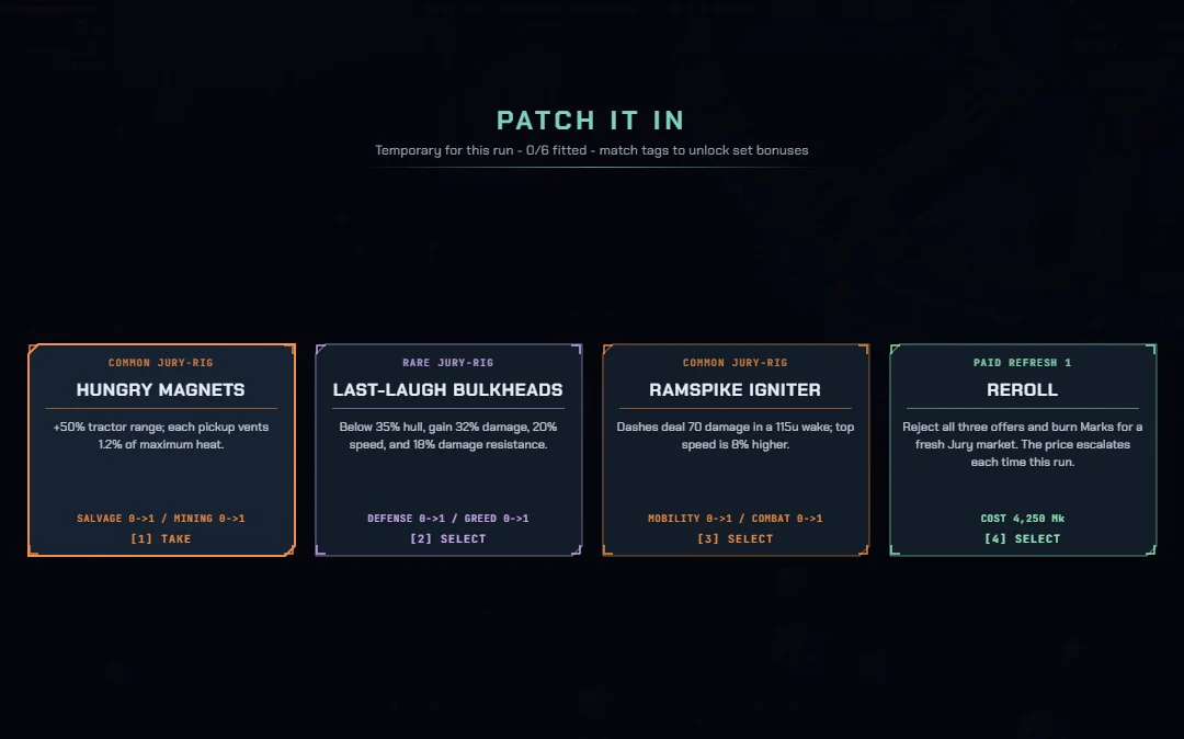 In-game: a Jury-Rig draft offers Vented Afterburner, Black Vein Appetite and Debtor's Broadside, plus a paid reroll.